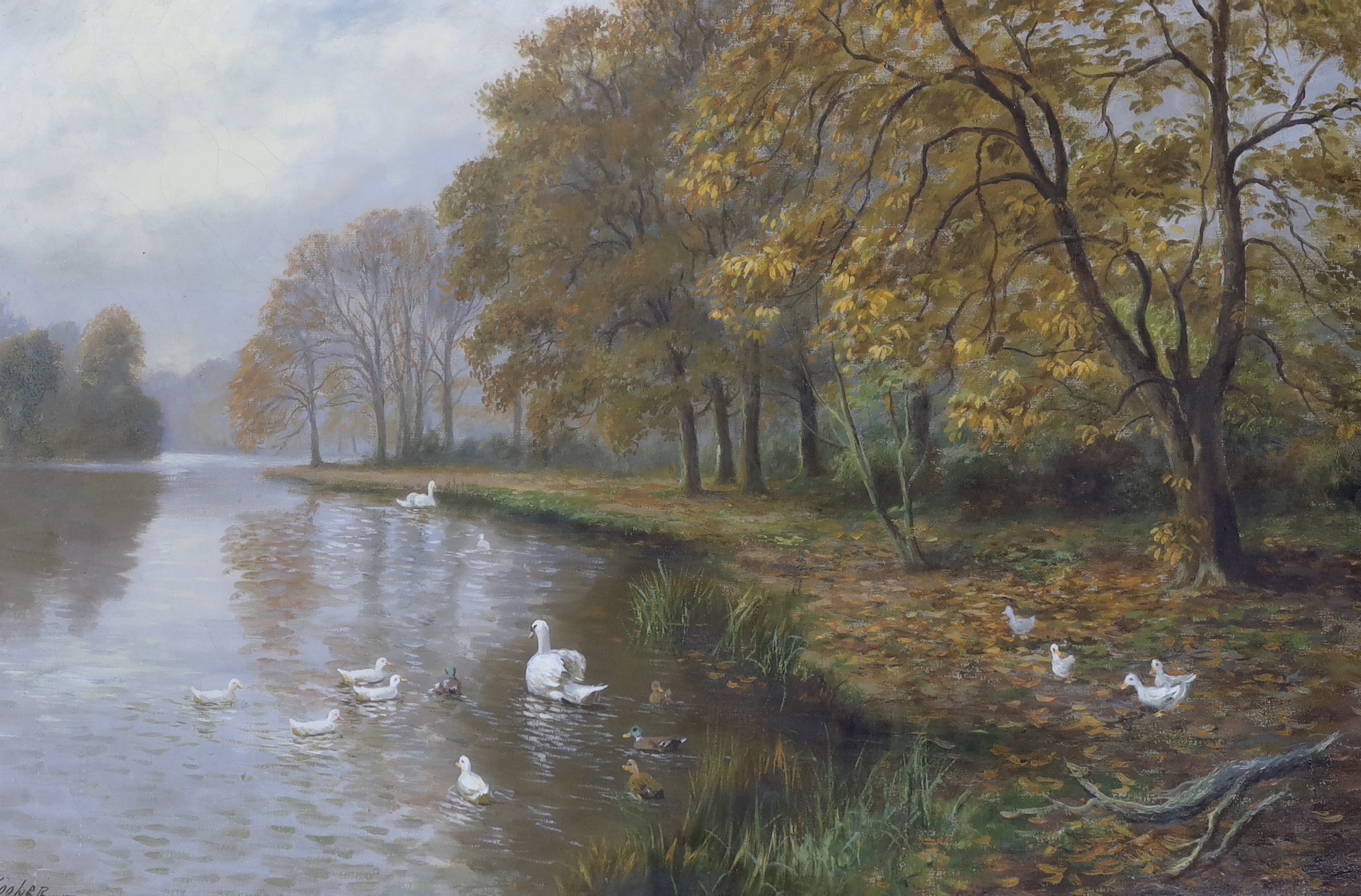 Henry Cooper, late 19th/early 20th century oil on canvas, Autumn landscape with birds on a lake, stamped verso, 74 x 49cm